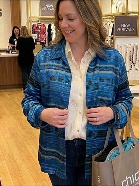 Chico's Silk Woven Blue Striped Pattern Button-Down Jacket